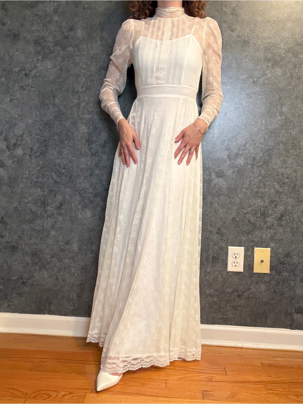 Vintage 1970s Sheer Floral Lace Wedding Dress — High Neck